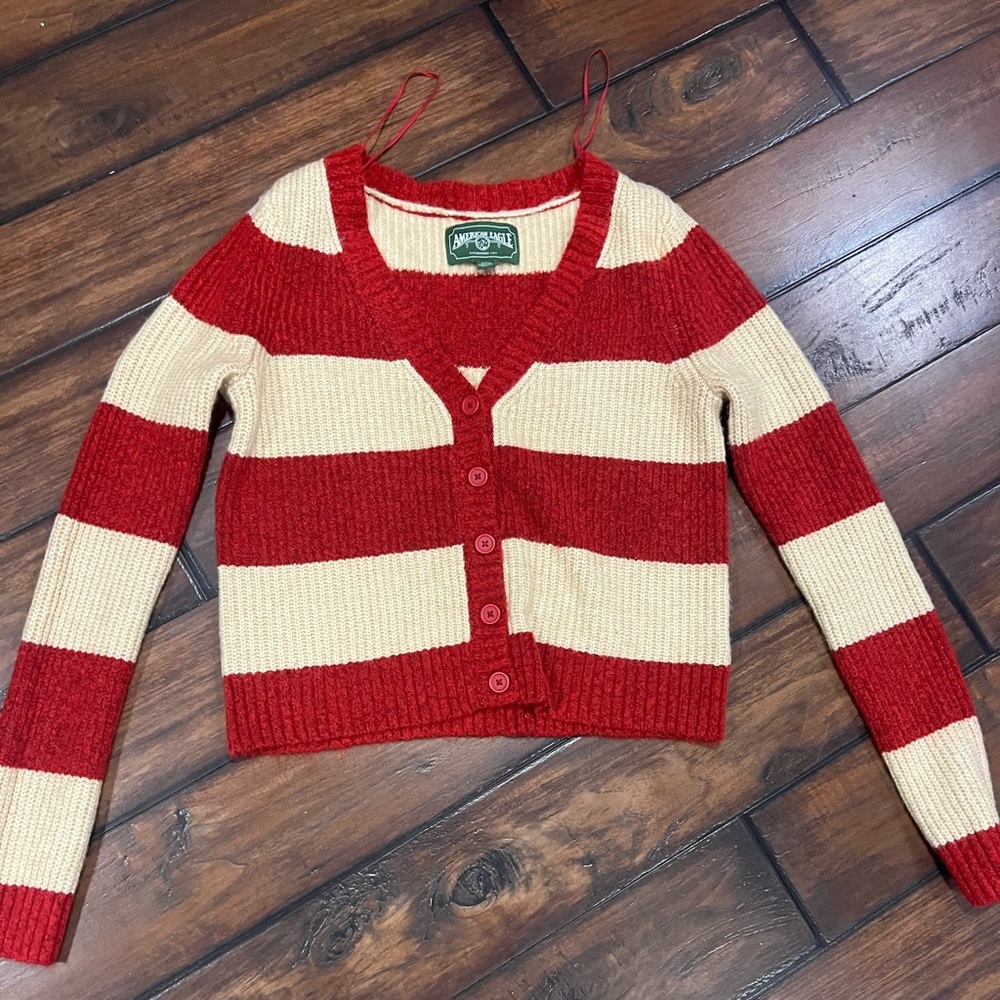 American Eagle - Classic Red Tan Stripe V Neck Cardigan